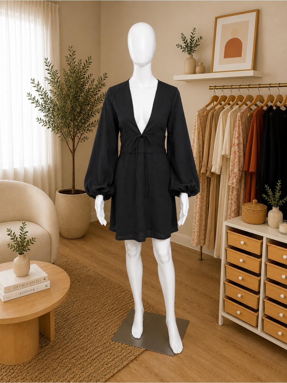 H&M Black Long-Sleeve V-Neck Mini Dress with Balloon Sleeves